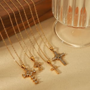 1 Piece Classic Punk Style Cross Shape Stainless Steel  Gold Color Inlay Rhinestones Women's Pendant Necklaces h5 